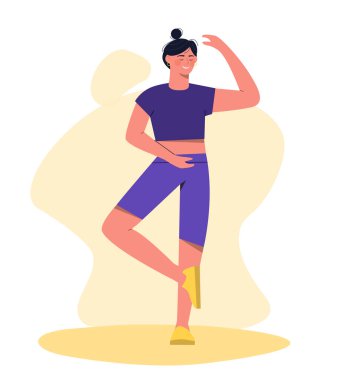 Sporcu insan konsepti. Aktif yaşam tarzı ve eğitim, egzersiz. Kadın yoga pratiği yapıyor. Meditasyon ve esneme. Web sitesi için grafik ögesi. Çizgi film düz vektör çizimi beyaz arkaplanda izole edildi