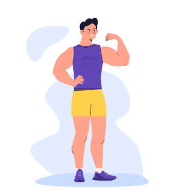 Sporcu insan konsepti. Aktif yaşam tarzı ve eğitim, egzersiz. Erkek pazılarını göster. Büyük kaslı genç bir adam. Vücut geliştirici ve güç toplayıcı. Çizgi film düz vektör çizimi beyaz arkaplanda izole edildi