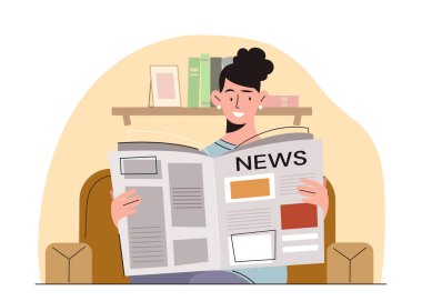 Günlük kız hayatı konsepti. Açık gazeteli bir kadın. Kitle iletişim, bilgi ve bilgi. Poster ya da afiş. Çizgi film düz vektör çizimi beyaz arkaplanda izole edildi