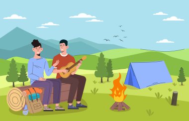 Aile kampı açık havada. Binfire 'da oturan gitarlı kadın ve adam. Aktif yaşam tarzı ve doğa yürüyüşü, boş zaman. Çadır ve sırt çantalı turistler. Çizgi film düz vektör çizimi