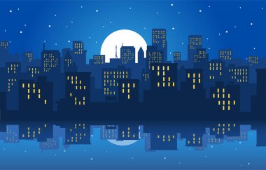 Night city panorama. Cityscape at moonlight with stars at sky. Skyscrapers and high rise modern buldings. Urban architecture at evening near river. Cartoon flat vector illustration clipart