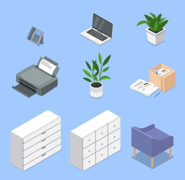 Ofis ekipmanları hazır. Yazıcı, dizüstü bilgisayar, telefon, çiçek saksısı, bitki ve beyaz masalar, mavi koltuk. İş yeri için ekipman. Mavi arkaplanda izole edilmiş karikatür izometrik vektör koleksiyonu