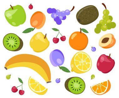 Meyve seti. Doğal ve prganik ürünler, sağlıklı beslenme. Kivi ve muz, üzüm ve elma. Vitaminli vejetaryen diyeti. Çizgi film düz vektör koleksiyonu beyaz arkaplanda izole edildi