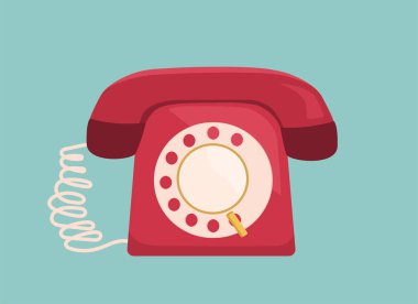 Klasik telefon konsepti. Mesafe iletişimi için eski tarz ekipman. 20. yüzyıla kadar. Sosyal ağlar ve kuryeler için etiket. Çizgi film düz vektör çizimi mavi arkaplanda izole edildi