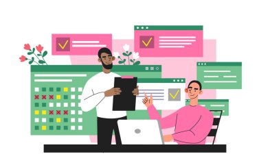 Çalışma programı olan insanlar. Takvime yakın iki adam. Planlama ve programlama. Zaman yönetimi ve verimli iş akışı. Çizgi film düz vektör çizimi beyaz arkaplanda izole edildi