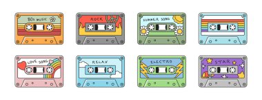 Klasik kaset seti. 80 'lerin tarzında müzikli Retro ses kasetleri. Rock, rahatla, elektro ve yıldız şarkıları. Çizgi film düz vektör koleksiyonu beyaz arkaplanda izole edildi