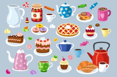 Çay partisi ikonları hazır. Fincanlar, fincanlar, çaydanlıklar ve çay seremonisi ya da kahvaltı için tatlı tatlılar. Seramik tabaklarda sıcak içecekler. Çizgi film düz vektör koleksiyonu mavi arkaplanda izole edildi