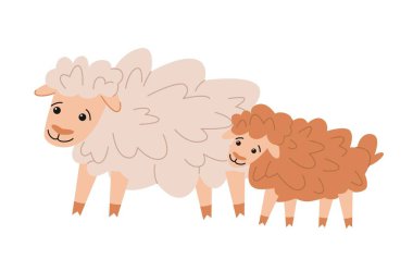 Şirin çiftlik hayvanı. Anne kuzu ve yavru koyunun olduğu renkli bir etiket. Yün üretimi. Kırsal kesimde tarım. Çizgi film düz vektör çizimi beyaz arkaplanda izole edildi