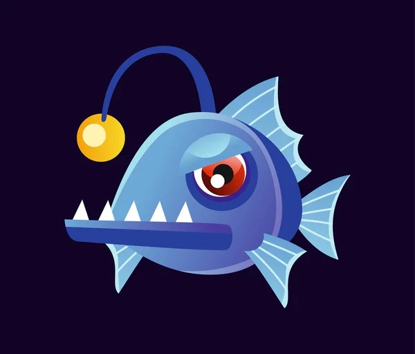 Cute underwater animal. Colorful sticker with deep sea angler fish with antenna and flashlight. Terrible monkfish. Oceanic or marine life. Cartoon flat vector illustration isolated on white background