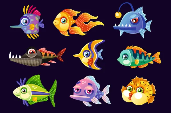 Set of underwater animals. Stickers with fish and fabulous ocean creatures. Goldfish, monkfish, fugu. Funny inhabitants of sea or aquarium. Cartoon flat vector collection isolated on black background