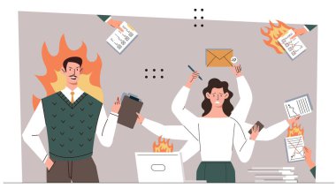 Son teslim tarihi, karşı tarafın tartışma konsepti. Kadın ve adam ateşte. Kötü zaman yönetimi ve etkisiz iş akışı. Yöneticiler baskı altında. Çizgi film düz vektör çizimi beyaz arkaplanda izole edildi