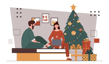 Noel 'de evde mutlu bir çift. Hediye kutuları ve Noel ağacı olan kadın ve erkek. Noel arifesi, yeni yıl. Aile kış tatilini kutlar. Çizgi film düz vektör çizimi beyaz arkaplanda izole edildi