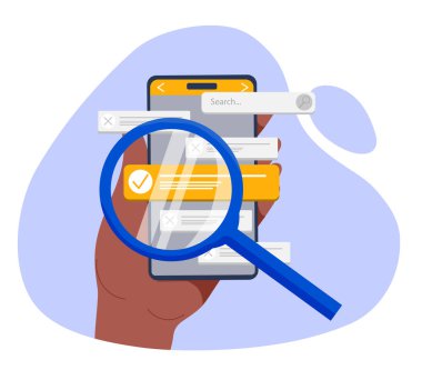 Cep telefonu kavramını araştır. Elinde büyüteçle akıllı telefonu tutuyor. İnternetteki bilgi ve bilgiler. Çizgi film düz vektör çizimi beyaz arkaplanda izole edildi