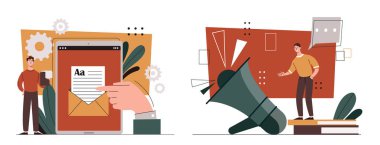 Sosyal medya tanıtımı ayarlandı. İnternette reklam ve pazarlama. İnternet ve SEO uzmanı habercileri terfi ettiriyor. Çizgi film düz vektör koleksiyonu beyaz arkaplanda izole edildi