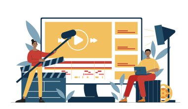 Video düzenleme konsepti. Sunucular için içerik işleniyor. Dizüstü bilgisayarı olan bir adam ve mikrofonlu bir kadın. Film ve seri üretim. Çizgi film düz vektör çizimi beyaz arkaplanda izole edildi