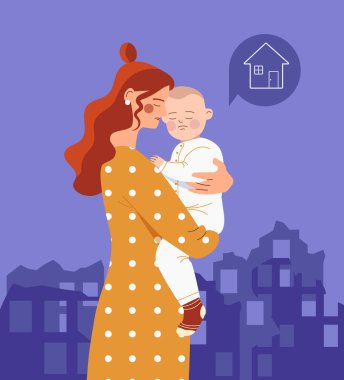 Dünya mülteci günü konsepti. Uluslararası farkındalık bayramı. Evin arka planında elinde çocuk olan bir anne. Evsiz, üzgün bir aile. Çizgi film düz vektör çizimi