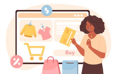 Kart satın alma konsepti. İnternetten alışveriş, elektronik ticaret ve pazarlama. Banka kartı ve renkli paketi olan bir kadın. Eve teslim. Çizgi film düz vektör çizimi beyaz arkaplanda izole edildi