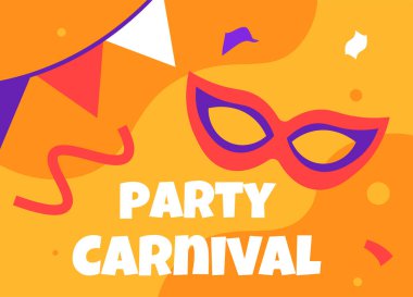 Karnaval partisi poster konsepti. Maskeli balo için yüz maskesi. Renkli kurdeleler ve dekoratif bayraklar. Selamlar ve davetiyeler. Şablon ve düzen. Çizgi film düz vektör çizimi
