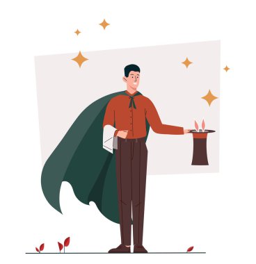 Sirk elemanı konsepti. Şapkalı bir illüzyonist. Eğlence, eğlence ve eğlence. Tavşanlı adam. Sosyal ağlar için etiket. Çizgi film düz vektör çizimi beyaz arkaplanda izole edildi