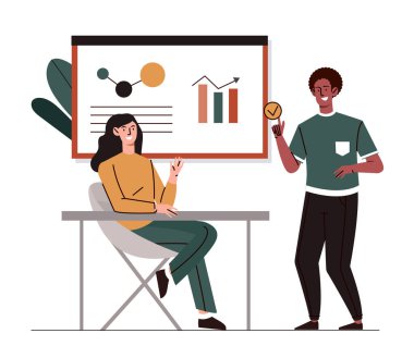 Ofis sahne konsepti. Takım çalışması, iş arkadaşları ve ortaklar. Finansal meslek. Grafikleri ve şemaları olan kadın ve erkek. Çizgi film düz vektör çizimi beyaz arkaplanda izole edildi