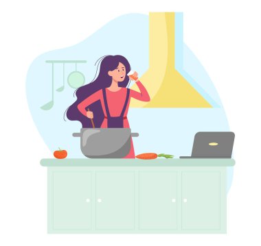 Kadın mutfak konseptinde yemek pişiriyor. Sebzelerin yanında esrar taşıyan genç bir kız. Ev işleri ve rutin işler. Vitaminli yemek ve yemek hazırlığı. Çizgi film düz vektör çizimi