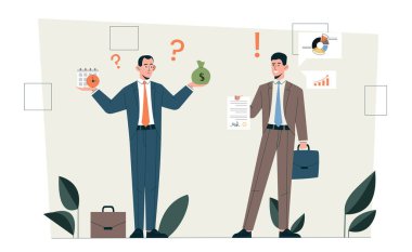 Finansal riskler kavramı. İki işadamı anlaşmaları ve anlaşmaları değerlendirir. Grafikleri, grafikleri ve diyagramları olan yatırımcılar ve tüccarlar. Çizgi film düz vektör çizimi beyaz arkaplanda izole edildi