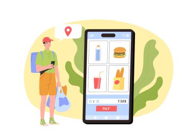 Yemek teslimatı konsepti. Sırt çantalı kurye akıllı telefon ekranının yanında. Elektronik ticaret ve pazarlama. Paket yemek. Çizgi film düz vektör çizimi beyaz arkaplanda izole edildi