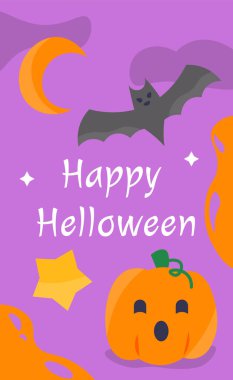 Cadılar Bayramı bayrağı konsepti. Yıldız ve hilal yakınında turuncu balkabağı ve siyah yarasa. Geleneksel uluslararası korku ve korku bayramı. Web sitesi için grafik ögesi. Çizgi film düz vektör çizimi