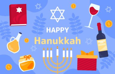 Mutlu Hanukkah konsepti. Geleneksel Yahudi bayramı ve festivali. İsrail halkı için yeni yıl. Kartpostalı selamlıyorum. Poster ya da afiş. Çizgi film düz vektör çizimi mavi arkaplanda izole edildi