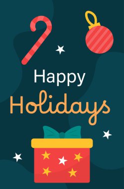 Mutlu bayramlar. Kırmızı kitapçık ve broşür. Yeşil çanta ve hediye kutusu. Hediye ve sürpriz. Top ve şeker. Noel ve Yeni Yıl. Web sitesi için grafik ögesi. Çizgi film düz vektör çizimi