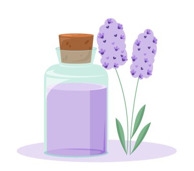 Bitkisel tıp konsepti. İçinde mor tıbbi sıvı bulunan cam şişeler. Sağlık ve tedavi. Sosyal medya etiketi. Çizgi film düz vektör çizimi beyaz arkaplanda izole edildi