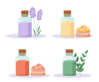 Bitkisel ilaçlar hazır. Kırmızı, mor, yeşil ve sarı sıvılı cam şişeler. Bitki özü paketi. Sağlık ve tedavi. Çizgi film düz vektör koleksiyonu beyaz arkaplanda izole edildi