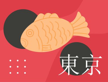 Japon yemek posteri. Geleneksel Asya yemeği. Kafe ya da restoran menüsü. Kırmızı kitapçık ve broşür, el ilanı. Sosyal medya kapağı. Kızarmış balık. Çizgi film düz vektör çizimi