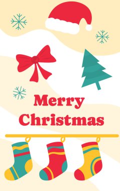 Mutlu Noel posterleri. Kış tatili ve yeni yıl. Bej broşür ve kitapçık. Kırmızı kurdele, Noel Baba şapkası ve sıcak çoraplar. Hediye ve sürpriz. Kapak ya da afiş. Çizgi film düz vektör çizimi