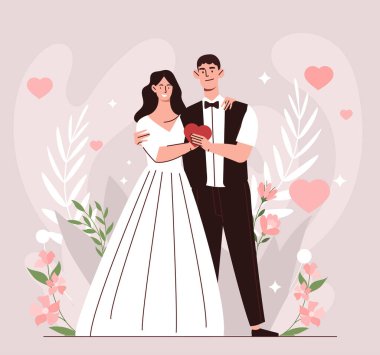 Bir çift yeni evli konsepti. Gelin ve damat birbirlerine sarılırlar. Aşk, ilgi ve romantizm. Mutlu bir çift. Beyaz elbiseli bir kadın ve siyah takım elbiseli bir koca. Çizgi film düz vektör çizimi