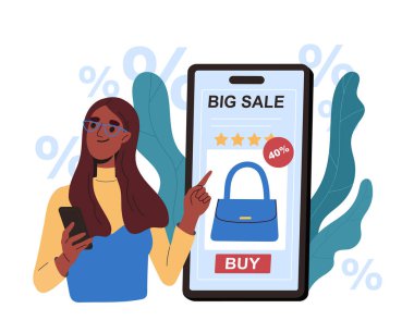 İnternette büyük satış konsepti. Akıllı telefonun yanında mağaza başvurusu olan bir kadın. İndirim ve terfi. Elektronik ticaret ve pazarlama. Çizgi film düz vektör çizimi beyaz arkaplanda izole edildi