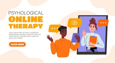 Psikolojik online terapi konsepti. Akıl sağlığına önem ver. Hastanın psikoloğu. Çevrimiçi ve mesafeli danışma. İniş sayfası tasarımı. Çizgi film düz vektör çizimi