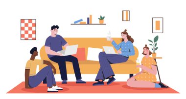 Oda konseptinde oturan arkadaşlar. Dizüstü bilgisayarı olan erkek ve kadınlar ve sıcak içecek, kahve ya da çay olan bardaklar. Evdeki rahatlık ve rahatlık. Çizgi film düz vektör çizimi beyaz arkaplanda izole edildi