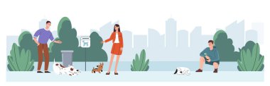 Şehir parkında insanlar köpekleri gezdirir. Evcil hayvanları olan kadın ve erkekler. Ev işleri ve rutin işler. Evcil hayvanla ilgilen. Web sitesi için grafik ögesi. Çizgi film düz vektör çizimi