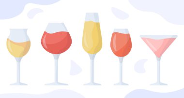 Bardaklar ve içkiler. Renkli kokteyller. Tropik ve egzotik içecekler. Kırmızı ve sarı meyve suları. Bir paket alkolik. Çizgi film düz vektör koleksiyonu beyaz arkaplanda izole edildi