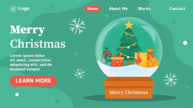 Kartopu Mutlu Noeller posteri. Kış tatili ve festival. Hediyeli yeni yıl kristal küresi. Yıllık etkinlik. Noel ve Eve. İniş sayfası tasarımı. Çizgi film düz vektör çizimi