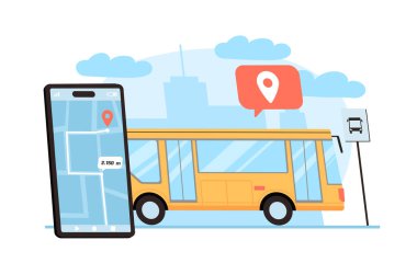 Trafik izleme konsepti. Sarı otobüsün yanındaki akıllı telefon için mobil uygulama. Şehir altyapısı ve toplu taşıma. Çizgi film düz vektör çizimi beyaz arkaplanda izole edildi