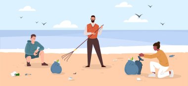 Kumsalda çöp toplayan gönüllüler. Doğada tırmıkları ve siyah torbaları olan aktivistler. Çevreye ve doğaya önem ver. Tehlikeli atıklar azaltılıyor. Çizgi film düz vektör çizimi