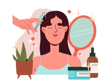 Kozmetik kadın konsepti. Ayna, losyon, krem ve şırınga kullanan genç bir kız. Yüzüne dikkat et, estetik ameliyat. Müşteri ile kozmetik uzmanı. Çizgi film düz vektör çizimi beyaz arkaplanda izole edildi