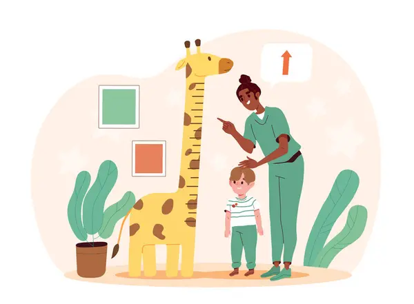 测量儿童身高的概念 长颈鹿附近有个儿子的女人Mesurement Wall的海报 给孩子们量体温计 海报或横幅 在白色背景上孤立的卡通平面矢量图解 — 图库矢量图片