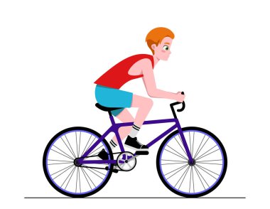 Bisiklete binen kişi. Aktivite, sağlıklı yaşam tarzı ve dışarıda çalışma. Spor kıyafetli bisikletli bir çocuk. Animasyon için dizayn. Çizgi film düz vektör çizimi beyaz arkaplanda izole edildi