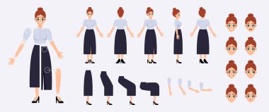 Animasyon için karakter oluşturucu seti. Klasik giysiler içinde gülümseyen bayan öğretmen. Vücut parçaları farklı pozisyonda. Yüz ifadeleri. Beyaz arkaplanda izole edilmiş çizgi film düz vektör çizimleri