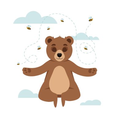 Şirin boz ayının portresi. Nilüfer pozisyonundaki sevimli gülümseyen oyuncak ayı bulutların arasında uçar. İçinde komik vahşi hayvan olan bir poster. Çocuk odası için tasarım elemanı. Çizgi film düz vektör çizimi