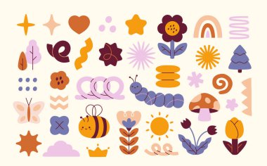 Şirin dekorasyon elemanları seti. Çiçek, gökkuşağı, kalp, yıldız, ağaç ve mantarlı Retro çıkartmalar. Sosyal ağlar için tasarım elemanları. Çizgi film düz vektör koleksiyonu bej arkaplanda izole edildi