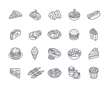 Bir dizi sanat yemeği ikonu. Bir dilim pizza, waffer külahında dondurma. Hamburger ve sosisli sandviç. Paket yemek. Pasta ve patates kızartması. Beyaz arkaplanda izole edilmiş doğrusal izometrik vektör koleksiyonu
